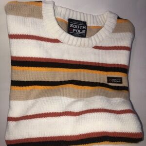 Vintage South Pole Sweater Mens  Pullover Yellow Brown Orange Striped VTG Medium